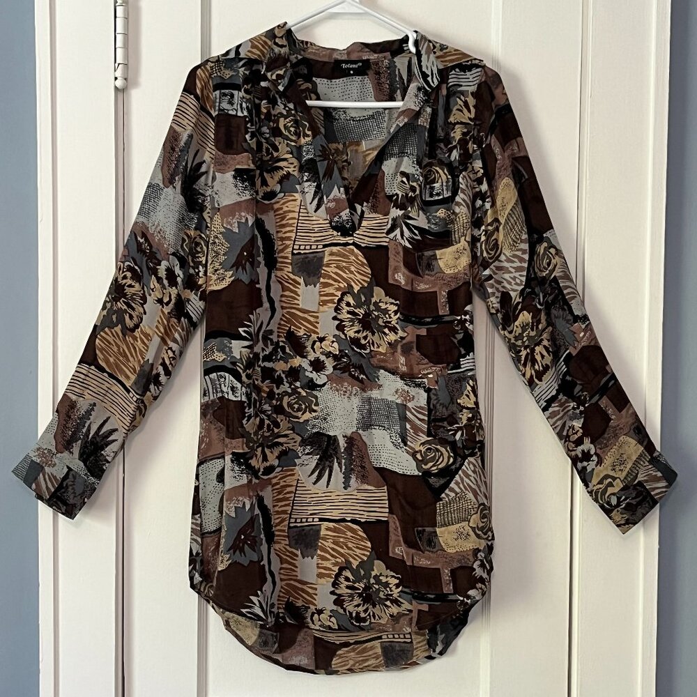 Tolani 100% silk button up tunic blouse size small oversized artsy abstract